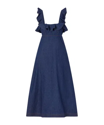 Zimmermann Denim Frilled Aster Midi Dress In Blue