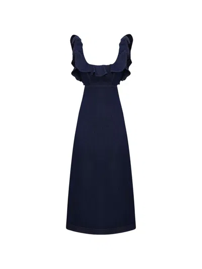 Zimmermann Aster Denim Frill Midi Dress In Ink In Multi