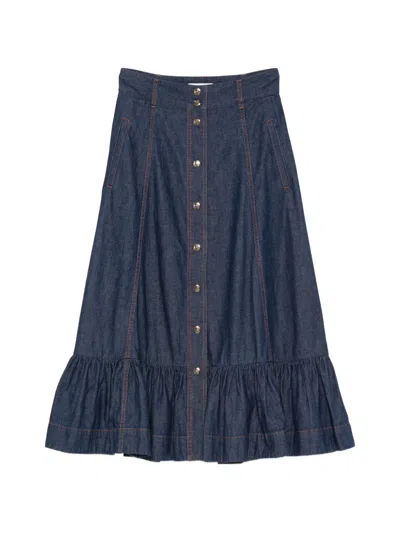 Zimmermann Aster Ruffled Denim Maxi Skirt In Blue