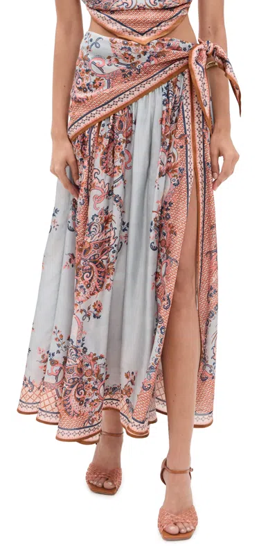 Zimmermann Blue Floral Paisley-print Silk Habotai Aster Scarf Midi Skirt In Brown