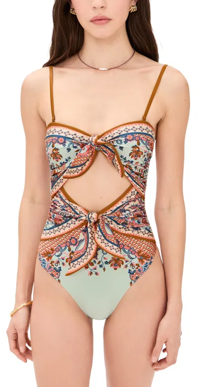 Zimmermann Aster Scarf Tie One-piece Swimsuit Blue Paisley Floral In Brown