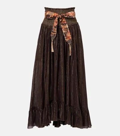 Zimmermann Aster Shirred Cotton And Silk Lamé Midi Skirt In Black