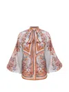 Zimmermann Paisley Floral Pure Silk Blouse With Self-tie Neck Detail In Blue