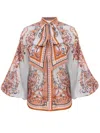 Zimmermann Paisley Floral Pure Silk Blouse With Self-tie Neck Detail In White