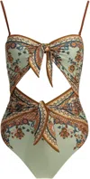 Zimmermann Aster Scarf Tie One-piece Swimsuit Blue Paisley Floral In Multi