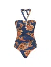 Zimmermann Aster Printed Halterneck Stretch-polyamide Swimsuit In Blue