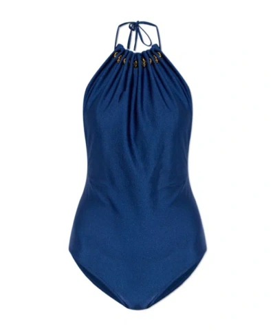 Zimmermann Aster Swimsuit Halterneck Open Back Ruched In Blue