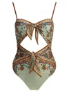 Zimmermann Aster Scarf Tie One-piece Swimsuit Blue Paisley Floral In Brown