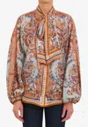 Zimmermann Paisley Floral Pure Silk Blouse With Self-tie Neck Detail In Neutral