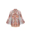 Zimmermann Paisley Floral Pure Silk Blouse With Self-tie Neck Detail In Animal Print