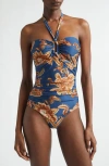 Zimmermann Aster Printed Halterneck Stretch-polyamide Swimsuit In Blue
