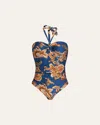 Zimmermann Aster Printed Halterneck Stretch-polyamide Swimsuit In Blue