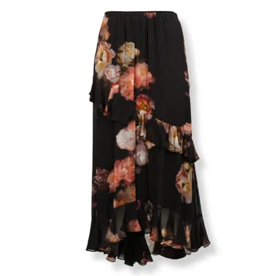 Zimmermann Asymmetric Floral Print Midi Skirt With Layered Ruffles In Black