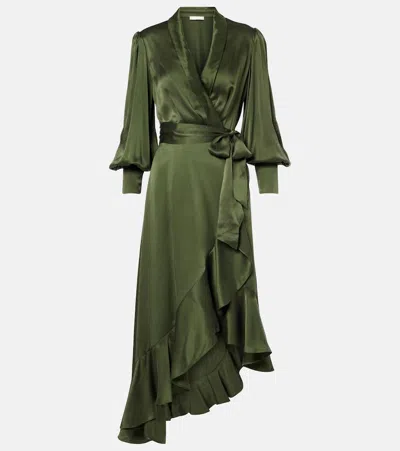 Zimmermann Asymmetric Silk Satin Wrap Dress In Green