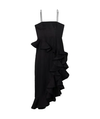 Zimmermann Asymmetric Ruffled Linen Midi Dress In Black