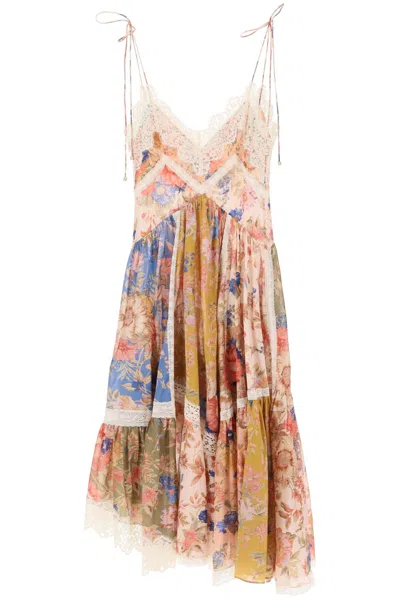 Zimmermann August Asymmetric Dress With Lace Trims In Multicolor