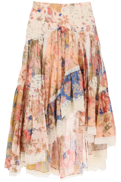 Zimmermann August Asymmetric Skirt With Lace Trims In Multicolor