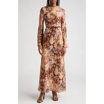 Zimmermann August Floral Print Long Sleeve Belted Linen Maxi Dress In Brown