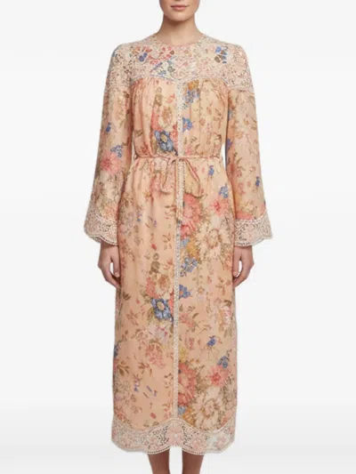 Pre-owned Zimmermann August Floral-print Midi Dress In Neutrals