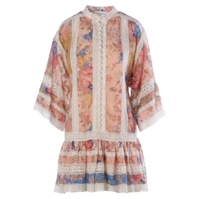Pre-owned Zimmermann August Lace-trimmed Floral Cotton Mini Dress - '20s In Brown