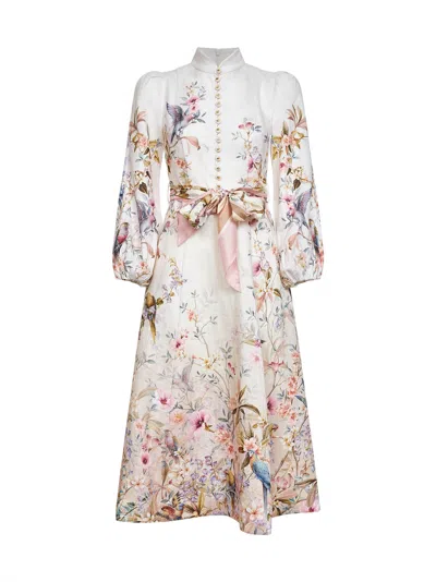 Zimmermann Aviary-print Cream Linen Rebellion Midi Dress