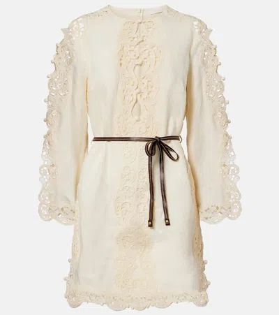 Zimmermann Awaken Belted Embroidered Linen Minidress In Neutral