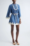 Zimmermann Awaken Belted Lace Trim Denim Minidress In Blue