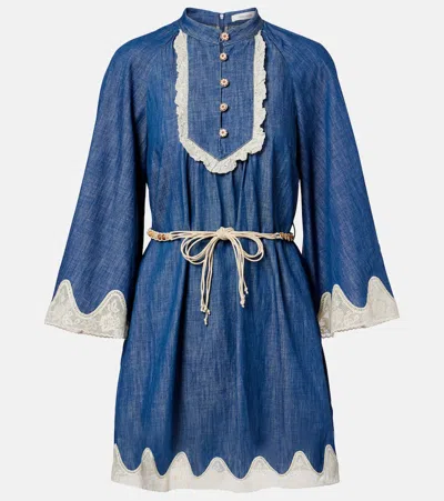 Zimmermann Awaken Belted Lace-trimmed Denim Mini Dress In Blue