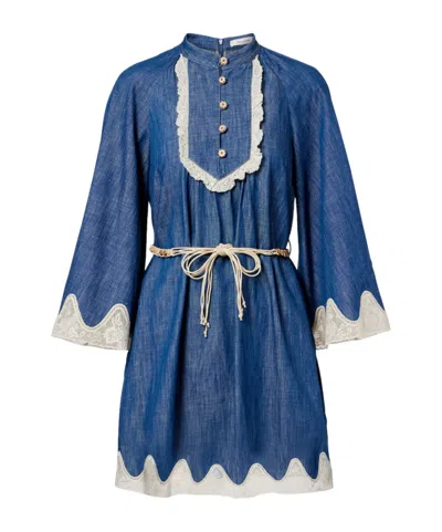 Zimmermann Awaken Belted Lace-trimmed Denim Minidress In Animal Print