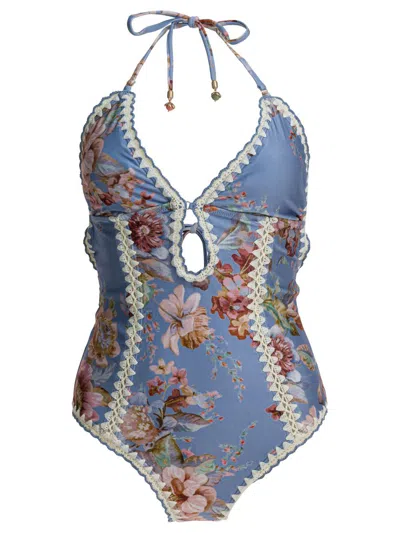Zimmermann "awaken Crochet Keyhole" Swimsuit In Blue