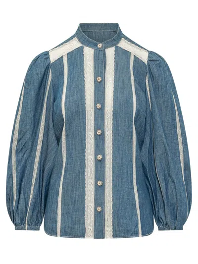 Zimmermann Awaken Lace-trimmed Denim Shirt In Blue