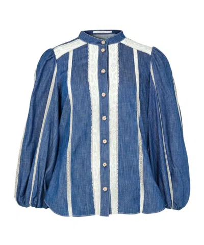 Zimmermann Cotton Lace-panel Denim Blouse In Blue