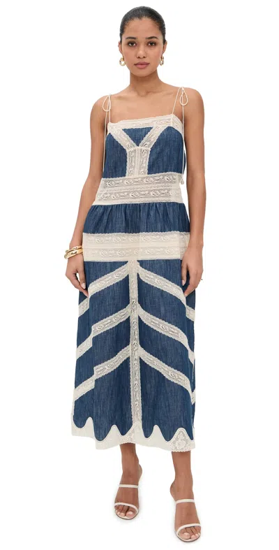 Zimmermann Awaken Lace-trimmed Denim Midi Dress In Blue