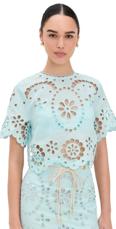 Zimmermann Awaken Embroidered Bodice Shirt Mint In Blue