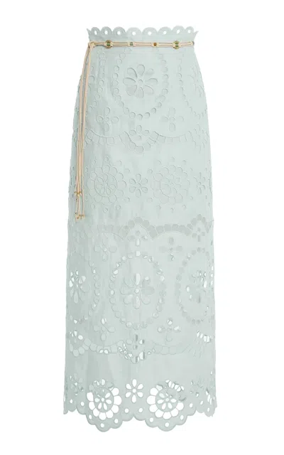 Zimmermann Awaken Embroidered Linen Midi Skirt In Blue