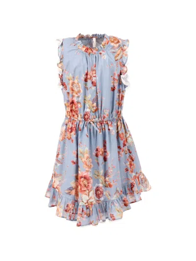 Zimmermann Kids' Awaken Floral-print Ruffled Dress In Blue