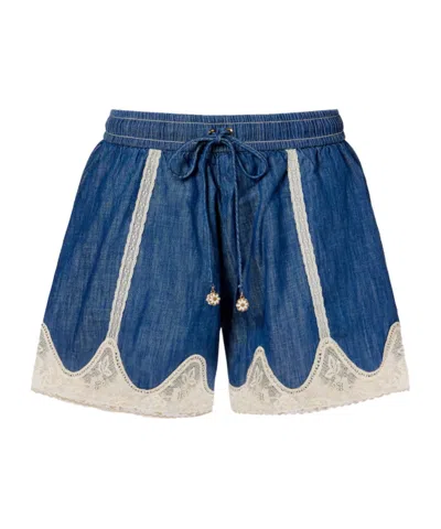 Zimmermann Awaken Lace-trimmed Denim Shorts In Blue