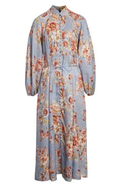 Zimmermann Awaken Long Sleeve Linen Midi Dress In Blue