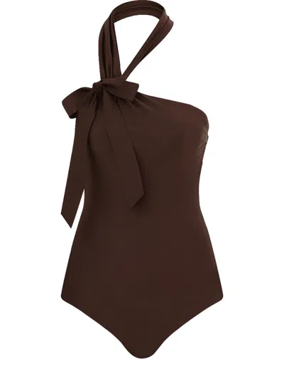 Zimmermann Awaken Bow-detailed Halterneck Swimsuit In Brown