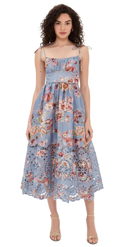 Zimmermann Womens Chambray Floral Awaken Picnic Floral Linen Midi Dress Xxs In Blue