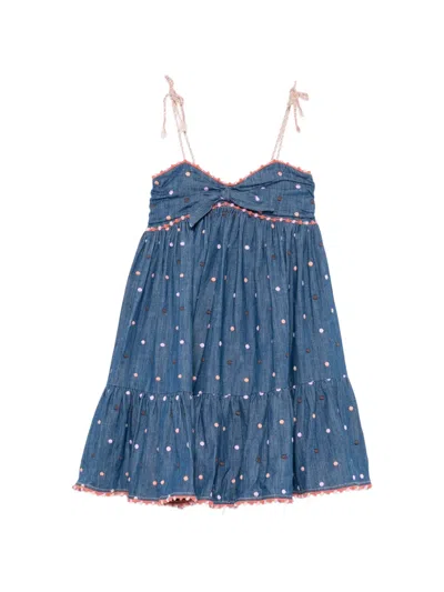 Zimmermann Kids' Awaken Polka-dot Pom-pom Dress In Blue