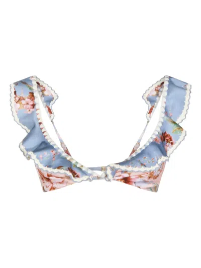 Zimmermann Awaken Ruffled Crochet Bikini Top In Blue