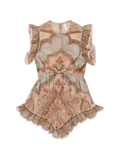 Zimmermann Kids' Awaken Ruffled Paisley-print Playsuit In Brown