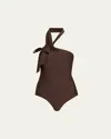 Zimmermann Awaken Asymmetric Halter One-piece Swimsuit In Brown