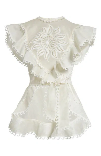 Zimmermann Balance Waterfall Belted High-low Linen & Silk Top In Ivory