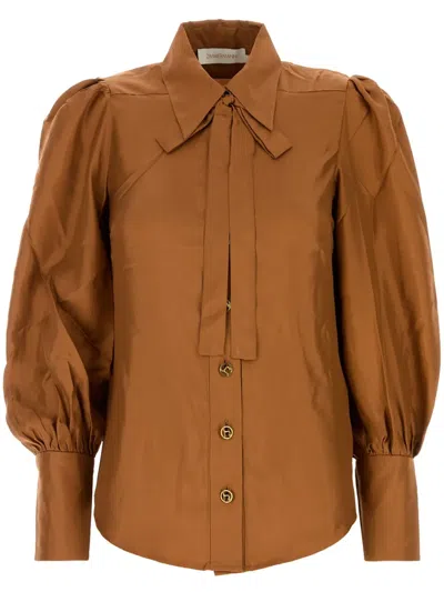 Zimmermann Balloon-sleeve Button-front Shirt In Brown