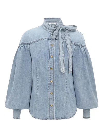 Zimmermann Balloon-sleeve Tie-neck Shirt In Blue