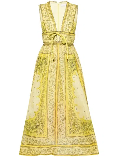 Zimmermann Bandana-print Linen-blend Dress In Yellow