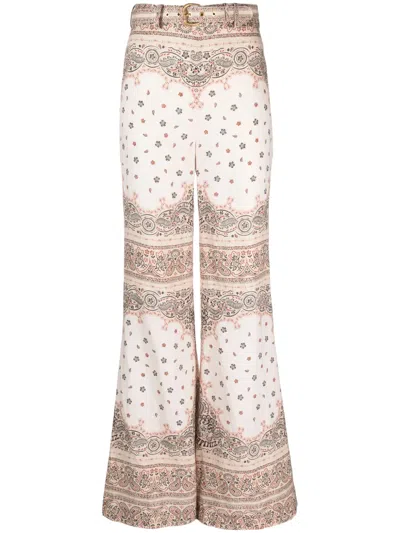 Zimmermann Belted Paisley-print Linen Flared Pants In Multi