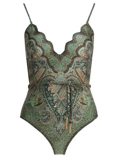 Zimmermann Wanderlust Belted Embellished Scalloped Printed Swimsuit In Green